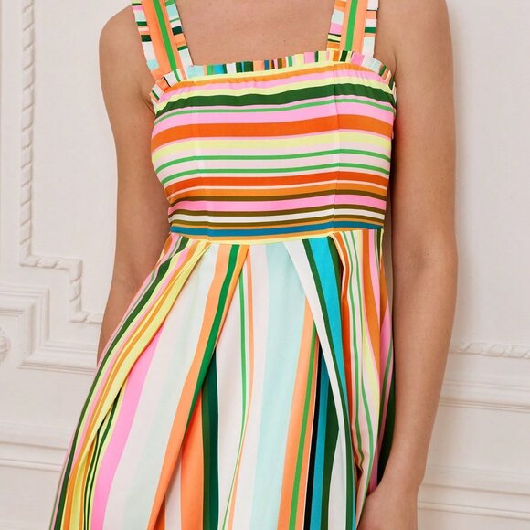 Pink Boho Women's Dress with Striped Floral Print, Square Neck, Ruched Straps - Picture 8 of 8